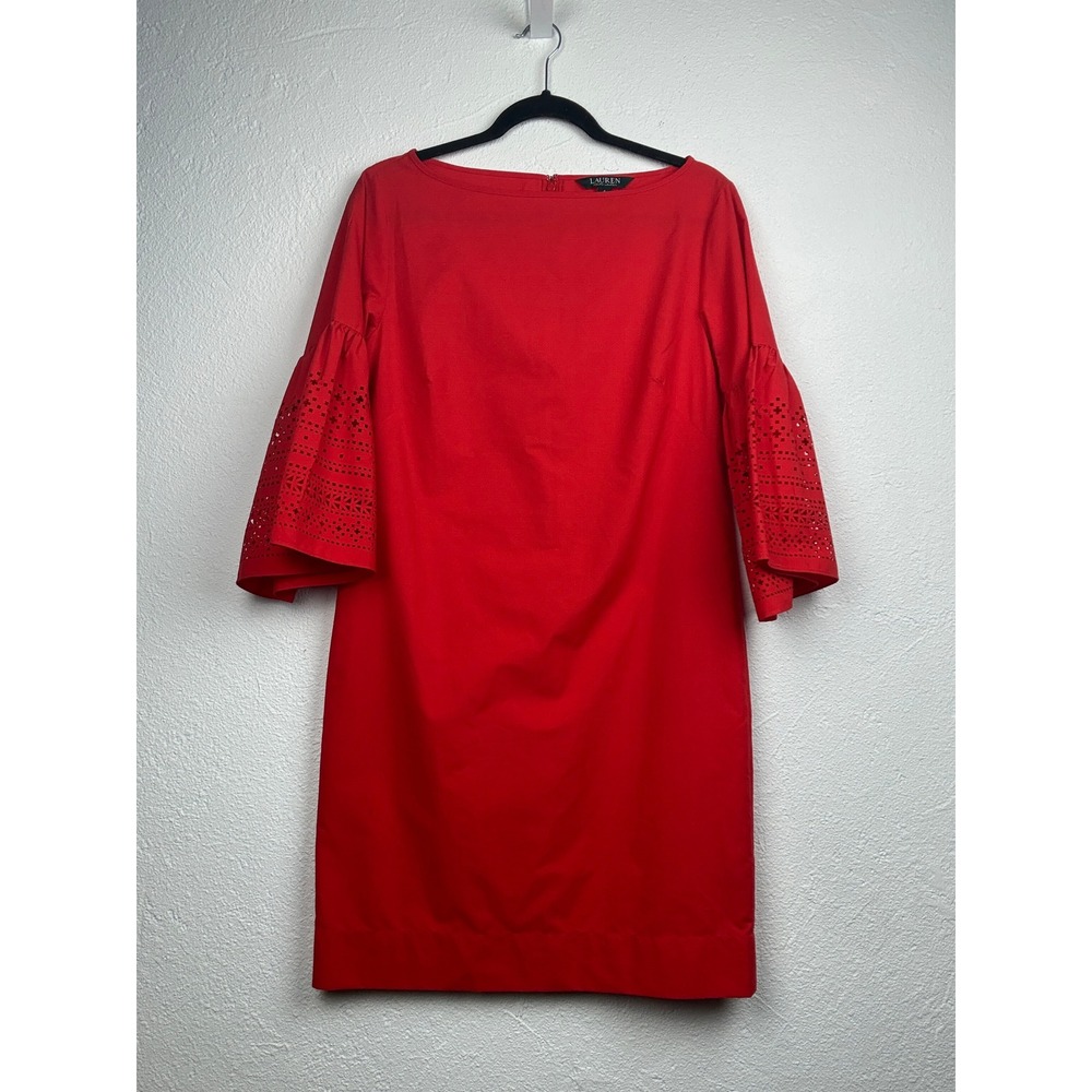 Lauren Ralph Lauren Red Shift Dress - 4 - Eyelet Bell Sleeve Preppy Classic Boho